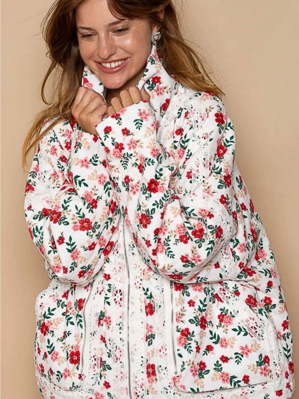 Draper James Cream Quilted Floral Utility Jacket with Red and Green Print size M - Picture 10 of 11
